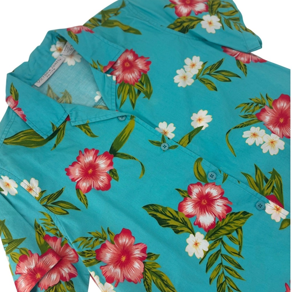 Victoria Jones Petite Button Up Shirt Tropical‎ Floral PM Teal Blue Womens